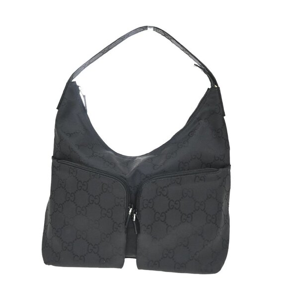 GUCCI Logo GG Pattern Hobo Shoulder Bag Nylon Leather Black SHW Italy 31YH460